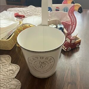 White Metal Bucket with Silver Trim for holding things or a plant brand new